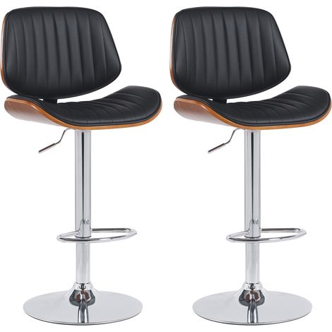 Lot de 2 tabourets de bar style rétro moderne assise en PVC noir bois noyer et cadre métal chromé 100006349 (1/5)