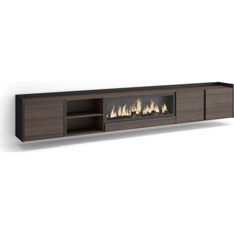 Mueble TV Viñuela-01 de 315x50x35 cm con chimenea y luces LED, suspendido, color roble oscuro y negro (1/4)