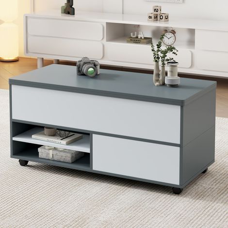 Höhenverstellbarer Couchtisch 100 x 98 x 65 cm mit Stauraum und Rollen, grau/weiß HAVRYA (1/5)