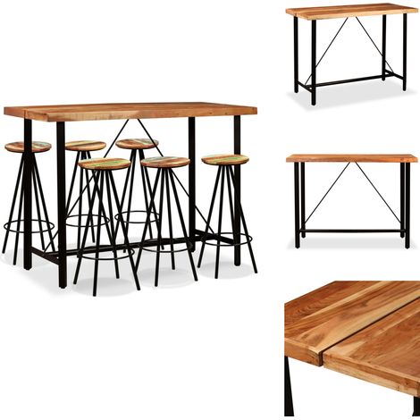 Ensemble de bar 7 pcs Bois d'acacia massif et de récupération - Meuble De Salle À Manger - Ensemble De Bar - Table De Bar - Tabouret De Bar - Design Industriel (1/5)