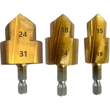 Jeu de 3 fraises à chanfreiner — Outils de fraisage à 5 arêtes en acier rapide (HSS) — Queue hexagonale 1/4" pour changement rapide — Pour bois et métal — 19 mm, 24 mm, 31 mm (Grand modèle)
