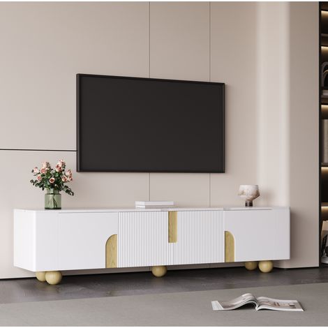 Mueble TV blanco de 180 cm, 4 puertas, acabado efecto mármol, patas de madera HAVRYA (1/5)