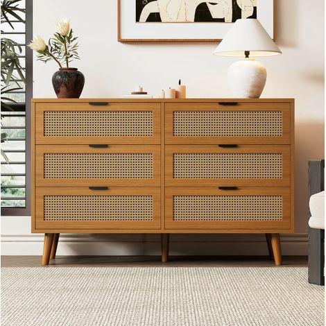 Commode 120x40x76.5 cm noyer en panneaux de particules avec 6 tiroirs, détails cannage et pieds en bois massif (1/5)