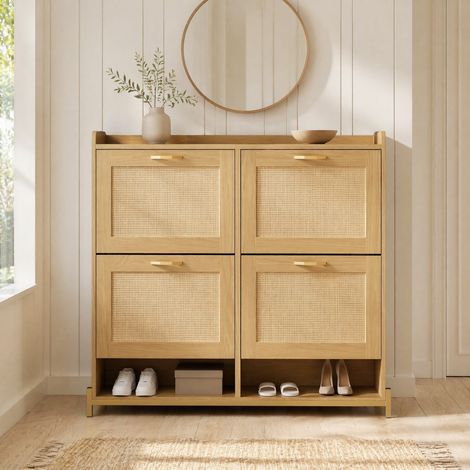 Mueble zapatero 108,5 x 24 x 100 cm en MDF, 4 puertas, estante superior, roble claro HAVRYA (1/5)