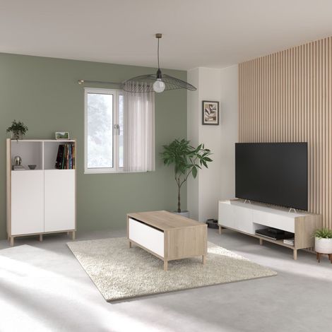 Ensemble salon table basse + meuble Tv + rangement 2 portes blanc et aspect bois clair - ORPHÉE (1/5)