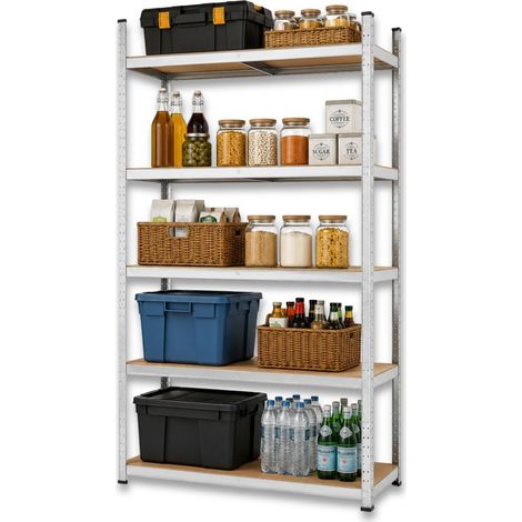 Etagère de Rangement 5 niveaux Bois MDF réglables 90x40xH180cm Rayonnage métal Charge 875kg - Garage Atelier Cellier INTEC (1/5)
