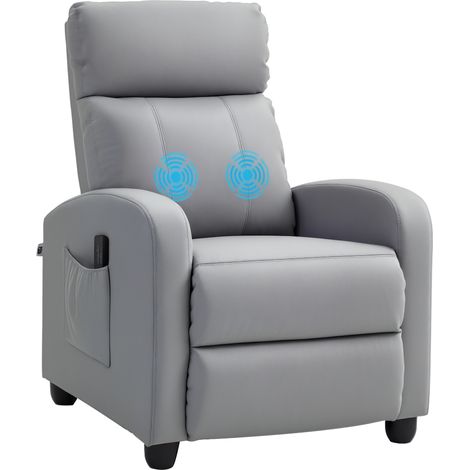 HOMCOM sillón de masaje sillón relax reclinable tapizado en PU con 2 zonas de masaje mando a distancia bolsillo lateral y temporizador gris claro