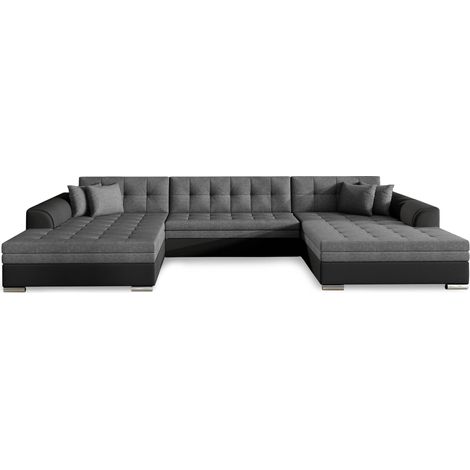 Canapé panoramique d'angle convertible Vento Simili Noir et Tissu Gris Foncé (1/3)