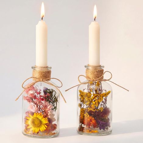 6 Pièces 2 Sets de Fleurs Séchées en Bocaux de Verre avec Bougies Décoration Florale, Bouquet de Fleurs Séchées avec Vase, Bougeoirs en Bouteille, Décoration de Table (1/5)
