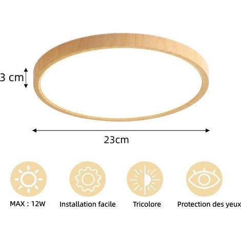 Plafonnier LED 12W à intensité variable avec télécommande, 220V, finition aspect bois, 230x28mm ultra-mince, éclairage rond pour chambre, salon, cuisine (1/5)