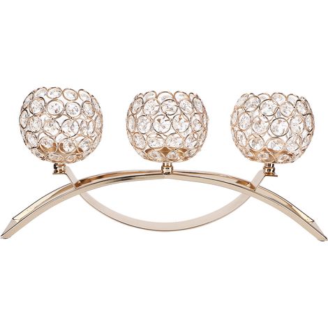 3 Bras Lustre Classique Européen en Fer Forgé, Bougeoir Romantique avec Boule en Cristal pour Dîner aux Chandelles (Doré) (1/5)