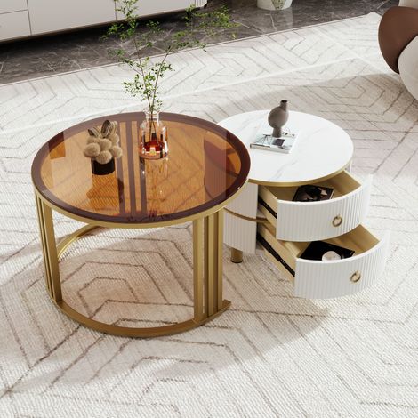 DESMIU Table Basse Ronde Avec 2 Tiroirs et 2 Plateaux en Verre pour Salon Blanc et Or (1/5)