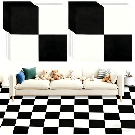 Lot de 20 revêtements de sol en vinyle autocollant en PVC - 30 x 30 cm - Motif damier - Tapis de salon - Convient pour cuisine, chambre à coucher, chambre d'enfant, salon (1/5)