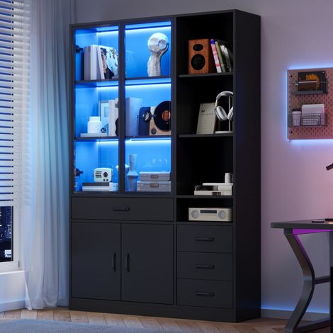Meuble vitrine LED 120x35x200 cm – Bibliothèque de rangement avec 13 compartiments, 4 tiroirs et portes, vitrine d'exposition pour salon et salle à manger (1/5)