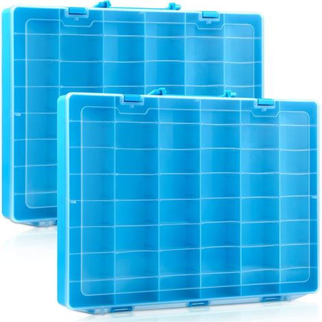 Un conjunto de dos cajas de almacenamiento de plástico, con un total de 48 compartimentos y separadores extraíbles, para guardar juguetes. (1/5)