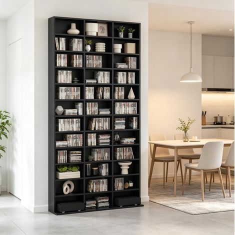 Freistehendes Medienregal 102x23,5x195 cm aus schwarzem MDF mit verstellbaren Böden – MEUBLIV (1/5)