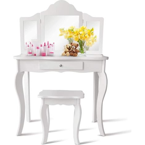 Goplus – Coiffeuse enfant avec miroir 3 volets pliables – Partie supérieure amovible – Dimensions 70 x 34 x 100 cm – MDF de qualité (1/5)