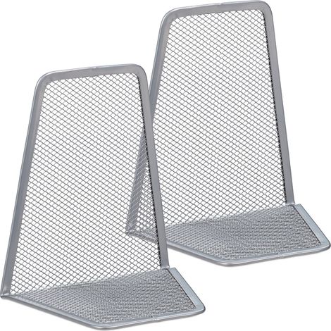 Relaxdays Set of 2 Bookends, Supports for Books, CDs, DVDs, HxWxD: app. 14.5 x 12.5 x 9 cm, Silver