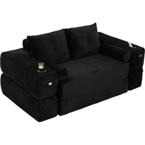 Sofá Cama de 2 Plazas, con Bolsillos Laterales, Portavasos y Reposabrazos Desmontables, Pana Negra (1/5)