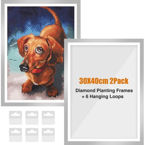 Lot de 2 cadres de peinture diamant argentés pour toile de peinture diamant de 30 x 40 cm, cadre magnétique autocollant avec crochets, cadre photo mural, fenêtre, porte (1/5)