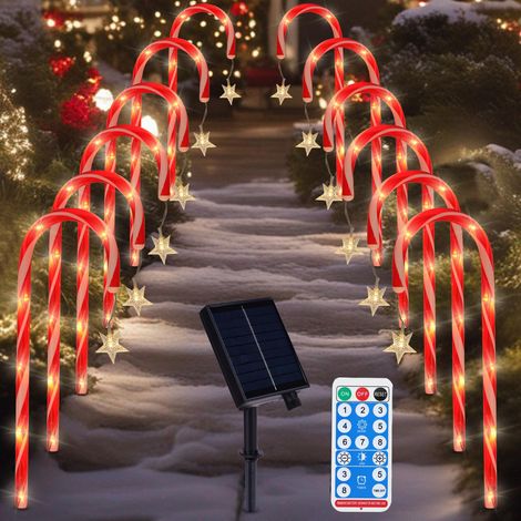 Décorations de noël en plein air, paquet de 12 lumières solaires de canne à sucre de noël avec télécommande, 8 Modes étanches (1/5)