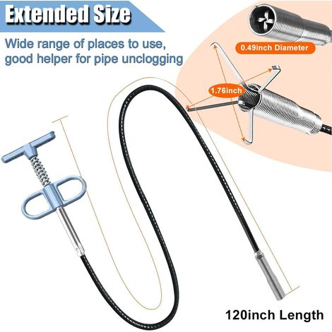 Déboucheur de canalisations avec poils, pince flexible, griffe, outil de débouchage d'évier, tuyau de débouchage de toilettes/douche avec 4 griffes, tuyau flexible à portée extra longue (120 pouces) (1/5)