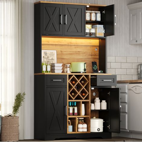 Aparador de cocina alto 105 x 40 x 180 cm en MDF negro y madera HAVRYA (1/5)
