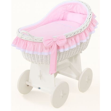 Moisés de mimbre Carina con cobertizo de mimbre, ropa de cama blanca y rosa (1/5)