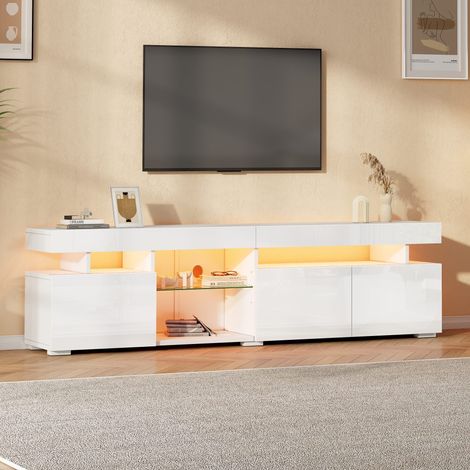 Meuble TV bas, 180x35x45 cm, meuble TV, finition laquée brillante, 3 portes, étagères réglables, pour les téléviseurs jusqu'à environ 80 pouces, blanc