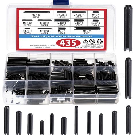 Kit de 435 goupilles élastiques cylindriques à fente en acier au manganèse, assortiment de goupilles de tension type Mécanindus, plusieurs dimensions, coffret de rangement (1/3)