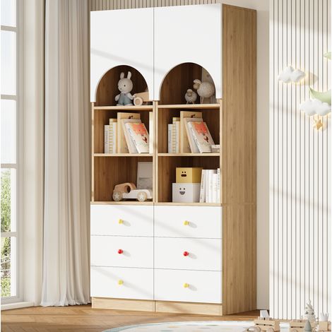 MODFU – Set di 2 librerie 100x50x200 cm in MDF con 3 cassetti, 3 mensole, ante antipolvere e carico 15/10 kg – Bianco/legno (1/5)