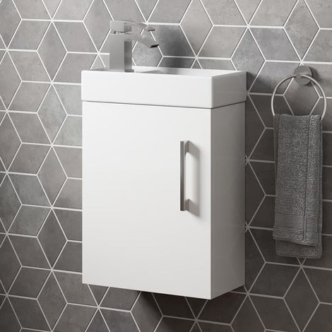 400mm White Gloss Wall Hung Bathroom Vanity Unit with Basin Sink Storage with No Tap (1/8)