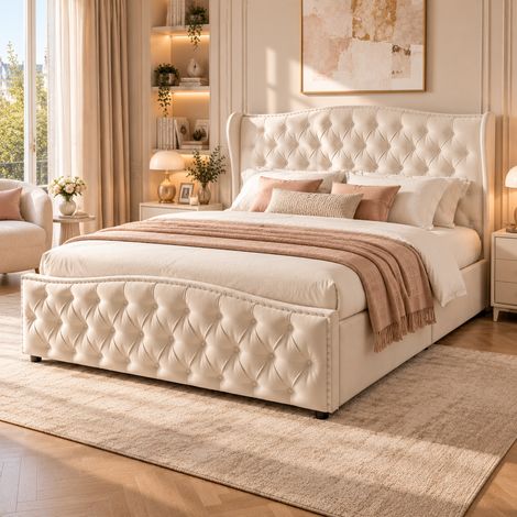 Lit coffre 160x200 cm avec sommier, lit double rembourré avec rangement hydraulique, lit 160x200 capitonné avec tête de lit cloutée design moderne confortable, velours beige