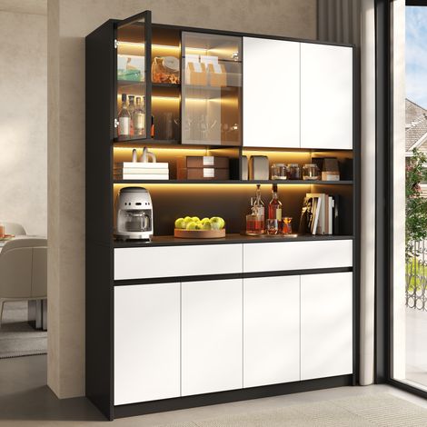 Buffet haut lumineux avec éclairage LED intégré, vitrine éclairée et étagère ouverte, meuble de salon avec spot LED multicolore pilotable via app, rangement élégant. (1/5)