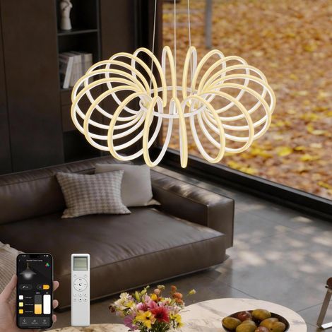 doporro Hängelampe Wohnzimmer 61 cm,Pendelleuchte Esstisch 120W mit Fernbedienung, Moderne dimmbare Hängeleuchte LED für Küche, Wohnzimmer & Esszimmer, Sandweiß, Alivetta25034