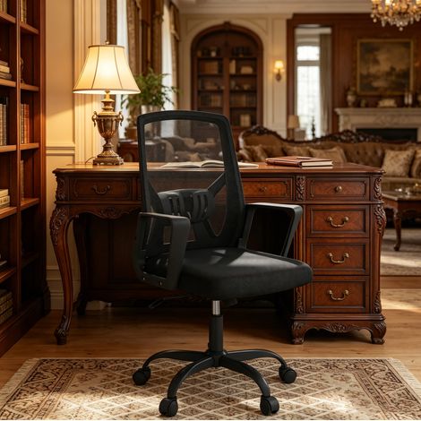 Chaise de bureau en métal et maille noire, dossier pliable, fonction basculante, pivotante 360°, H assise 44-53,5 cm (1/5)