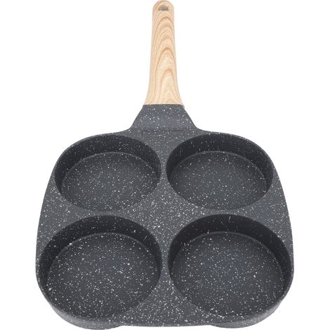 Poêle à œufs antiadhésive 4 tasses en aluminium, facile à nettoyer, avec poignée en bois, compatible avec les plaques de cuisson à gaz et à induction (version standard). (1/5)