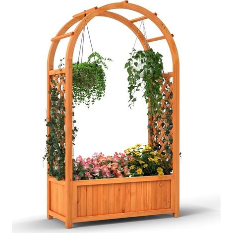Aiuola rialzata con traliccio e rivestimento del tetto, fioriera in legno per piante rampicanti, fiori, erbe aromatiche, per interni/esterni (1/5)