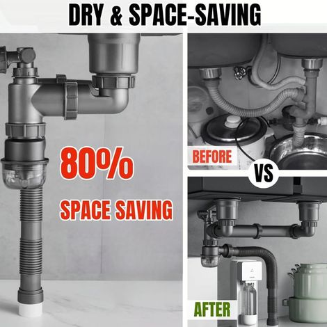 Kit de drainage pour évier double bac – Acier inoxydable 201 – Tube flexible extensible – Anti-odeurs – Installation gain de place – Complet