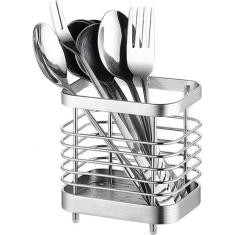 Porte-ustensiles de cuisine carré en métal, acier inoxydable, pour organiser le plan de travail : couverts, cuillères, spatules, plateaux à couverts (1/5)