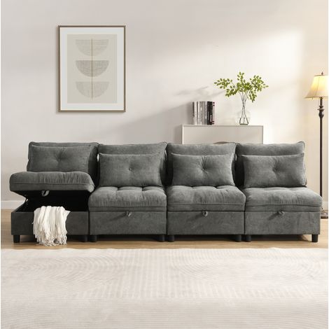Canapé modulable 4 places convertible avec rangement, chenille gris OKMYHOME (1/5)