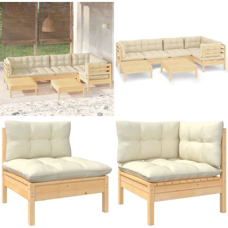 7-tlg. Garten-Lounge-Set mit Creme Kissen Massivholz Kiefer - Gartenmöbeln - Lounge Set - Kiefernholz - Outdoor Möbel - Gartenmöbel Set - Home & Living