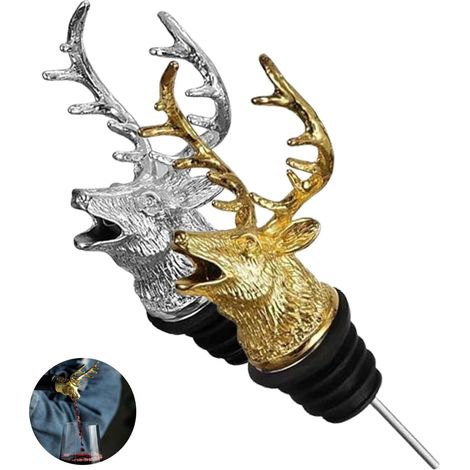 Lot de 2 Becs Verseurs Pour Bouteilles De Vin, Réutilisable Bouchon De Bouteille De Vin en Métal, Créatif Bec Verseur Tete De Cerf Animal, Bec Verseur Alcool,Outils Pour Vin Huile (Or Et Argent)