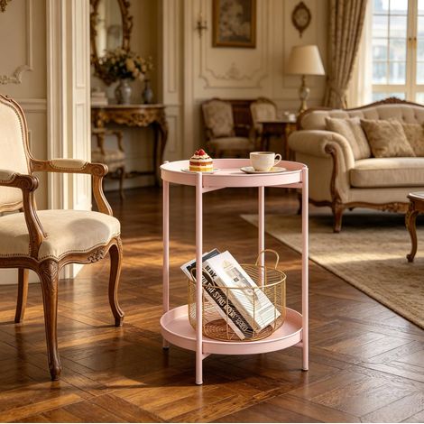 Tavolino basso rotondo in metallo, 44 x 44 x 53 cm, rosa, con 2 piani rimovibili DESVIAE (1/5)