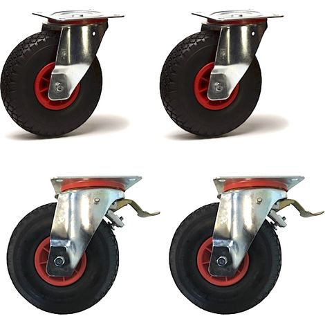 Lot de 4 roulettes pivotantes et freins pneu gonflable 3.00-4 - 405 Kg