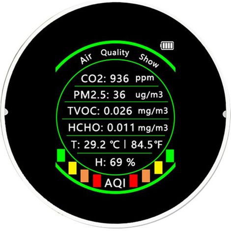 Medidor de calidad del aire multifuncional 7 en 1, medidor de temperatura, humedad, PM2,5, CO2, TVOC, HCHO, AQI, detector de dióxido de carbono con pantalla a color portátil y función de umbral de niv (1/5)