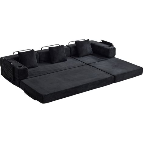 Klappbares Bodenschlafsofa aus schwarzem Cord-Samt mit Kissen und Armlehnen (1/5)