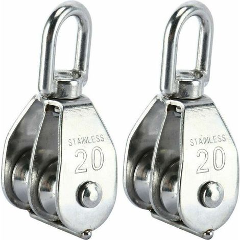 Lot de 2 blocs de poulie double M20 – Acier inoxydable 304 – Charge max 75 kg – Corde 7 mm – Crochet pivotant pour traction efficace (1/5)