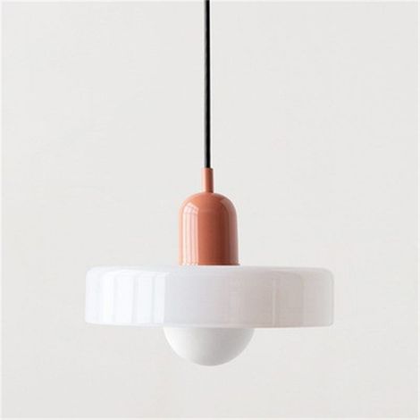 Un lustre de style Bauhaus au design médiéval et à l'abat-jour en vitrail, idéal pour la chambre 25 cm en verre blanc avec une base rose. (1/5)