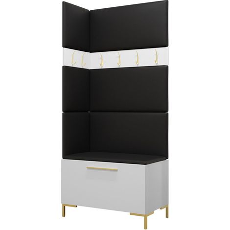 Meuble d'entrée Nomal IV, Blanc, 196x84x46cm, Stratifié, Faux cuir, Murale, À poser